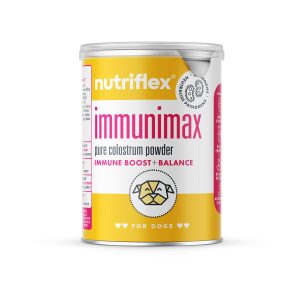 Brightly coloured NutriFlex ImmuniMax container featuring colostrum supplements for dogs, with a clear emphasis on immune boost and balance for pets, front and center for consumer appeal