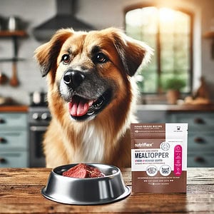 A Happy, Medium-Sized Dog With A Shiny, Healthy Coat Sits In A Cozy Kitchen, Eagerly Waiting For Its Meal. The Dog'S Food Bowl Contains Fresh Beef, And Next To It Is A Resealable Pouch Of Nutriflex Instant Beef Bone Broth Meal Topper, A Pet Beef Collagen Supplement For Dogs. The Natural Light And Warm Atmosphere Emphasise The Health Benefits Of Collagen, Supporting Joint Health And Shiny Fur For Dogs